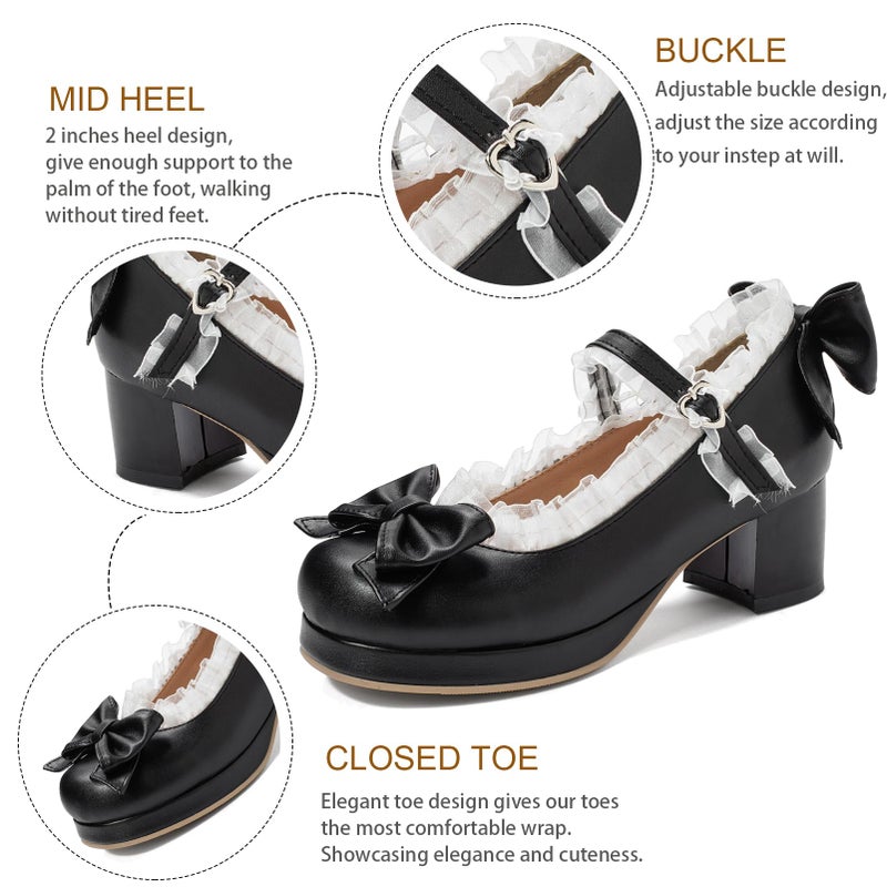LUXMAX Women Kawaii Mid Block Heel Mary Jane Rockabilly Pumps with Bow Platform Chunky Heel Cute Sweet Shoes, Size 8 M US,Black - Image 2